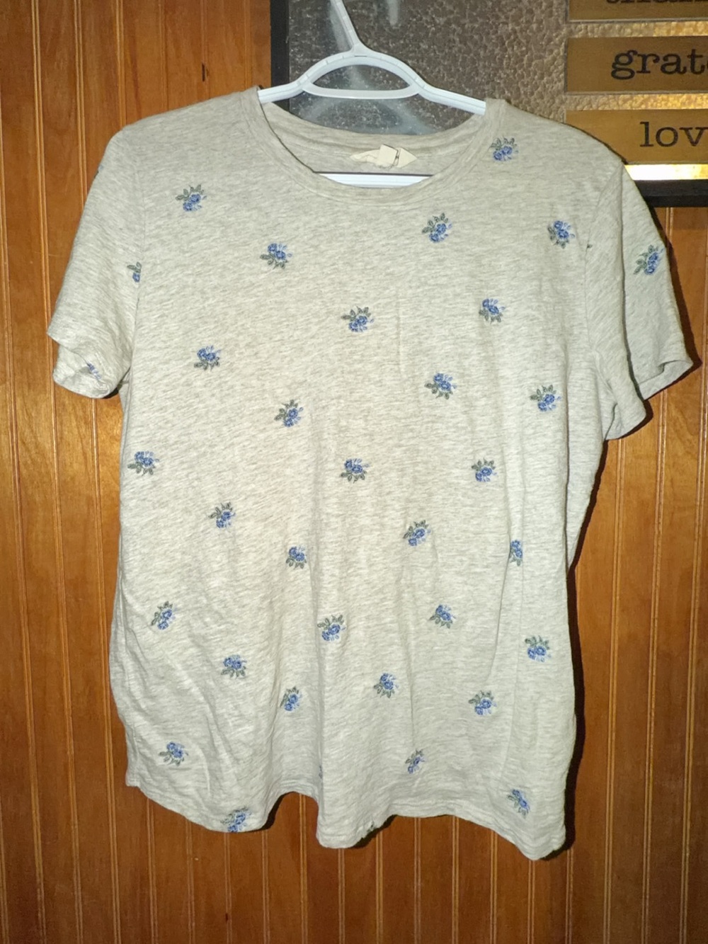 Lucky Brand Cream Short-Sleeve Tee with Blue Floral Embroidery